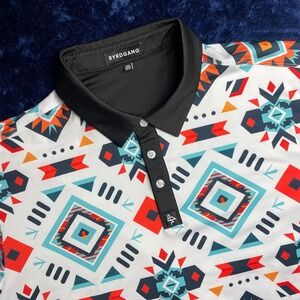 BYRDGANG Mens 2XL All Over Geometric Print Polo Shirt Short Sleeve Black Collar